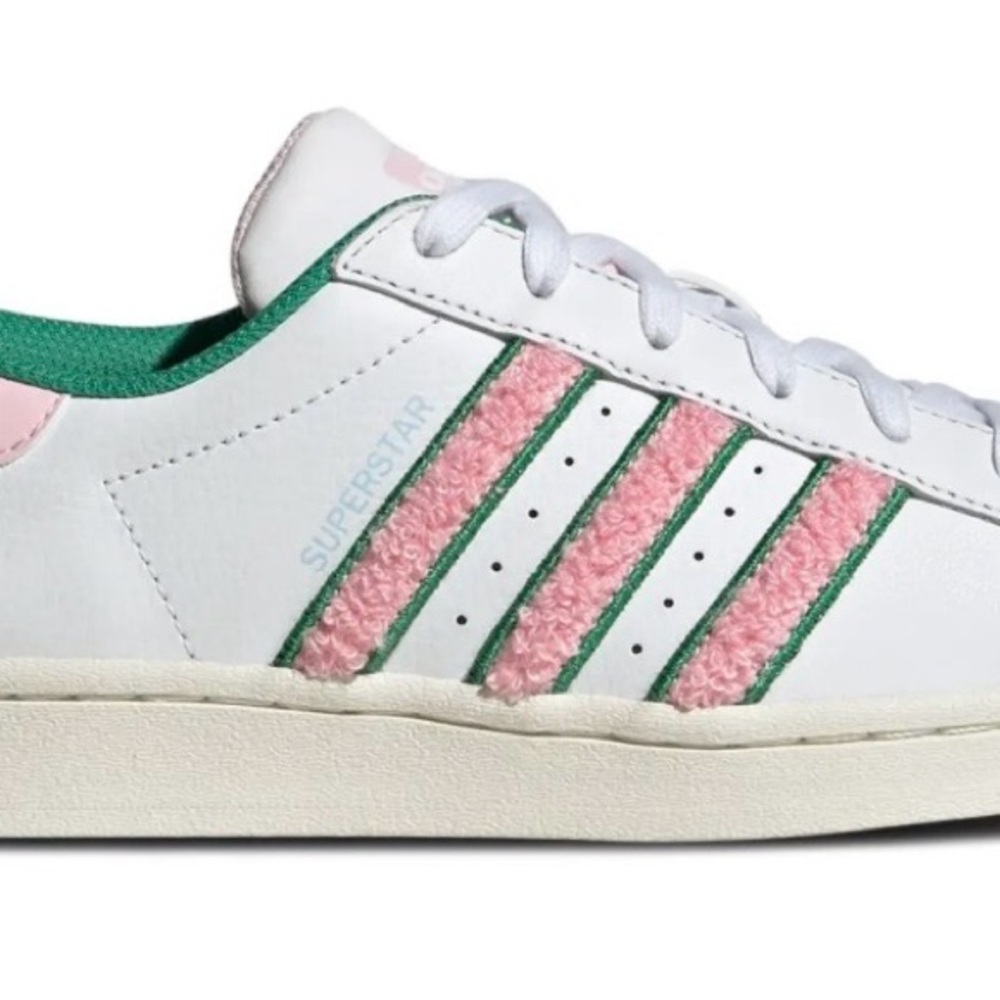 Adidas women’s Superstar White with Pink and Green chenille Size 6 1/2
